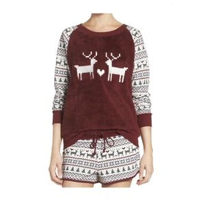Cozy Zoe Maroon Far isle Plush Raglan Top Drawstring Shorts Lounge Set Size L
